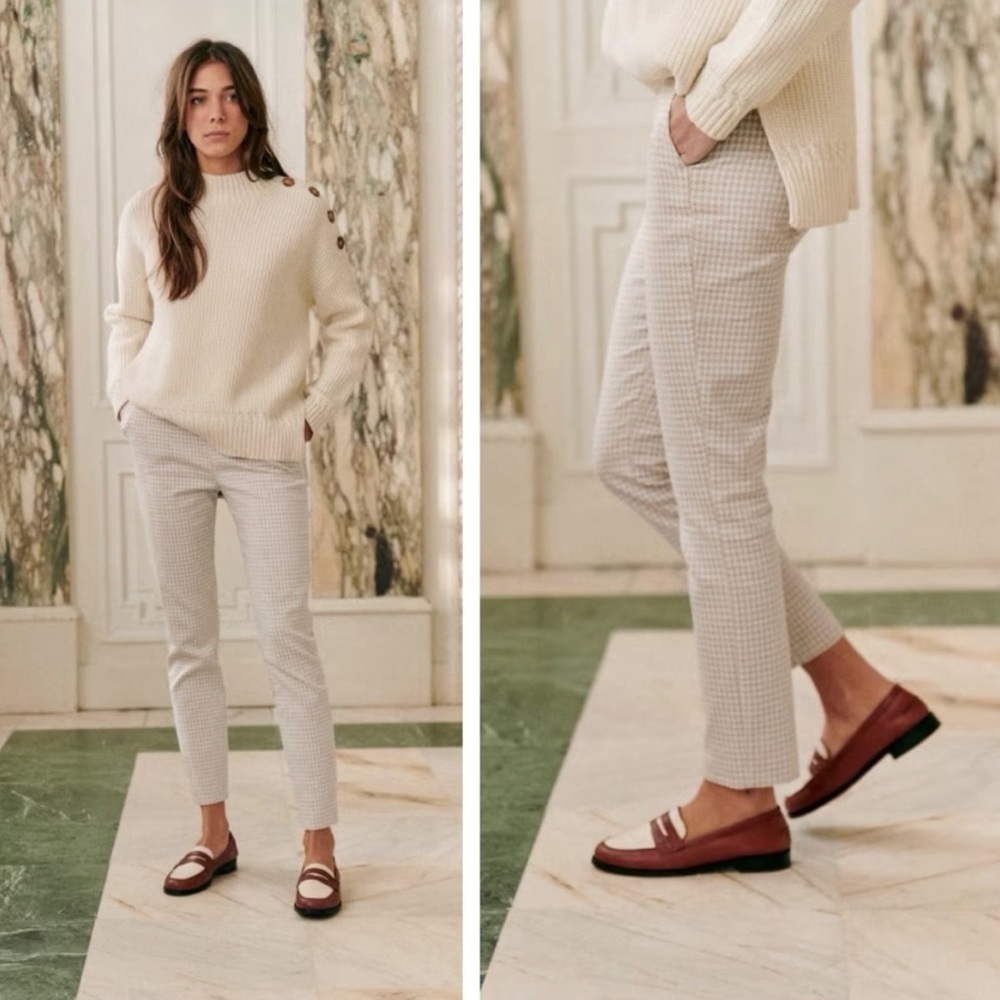 Sezane Cream Checkered Skinny Pants